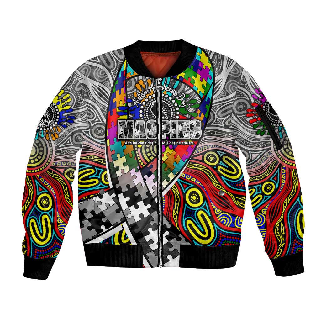 Autism Awareness Australia Collingwood Magpies Sleeve Zip Bomber Jacket Aboriginal Indigenous Art