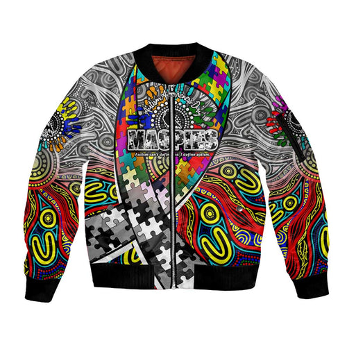 Autism Awareness Australia Collingwood Magpies Sleeve Zip Bomber Jacket Aboriginal Indigenous Art