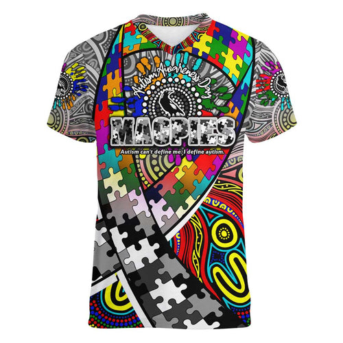 Autism Awareness Australia Collingwood Magpies Women V-Neck T-Shirt Aboriginal Indigenous Art