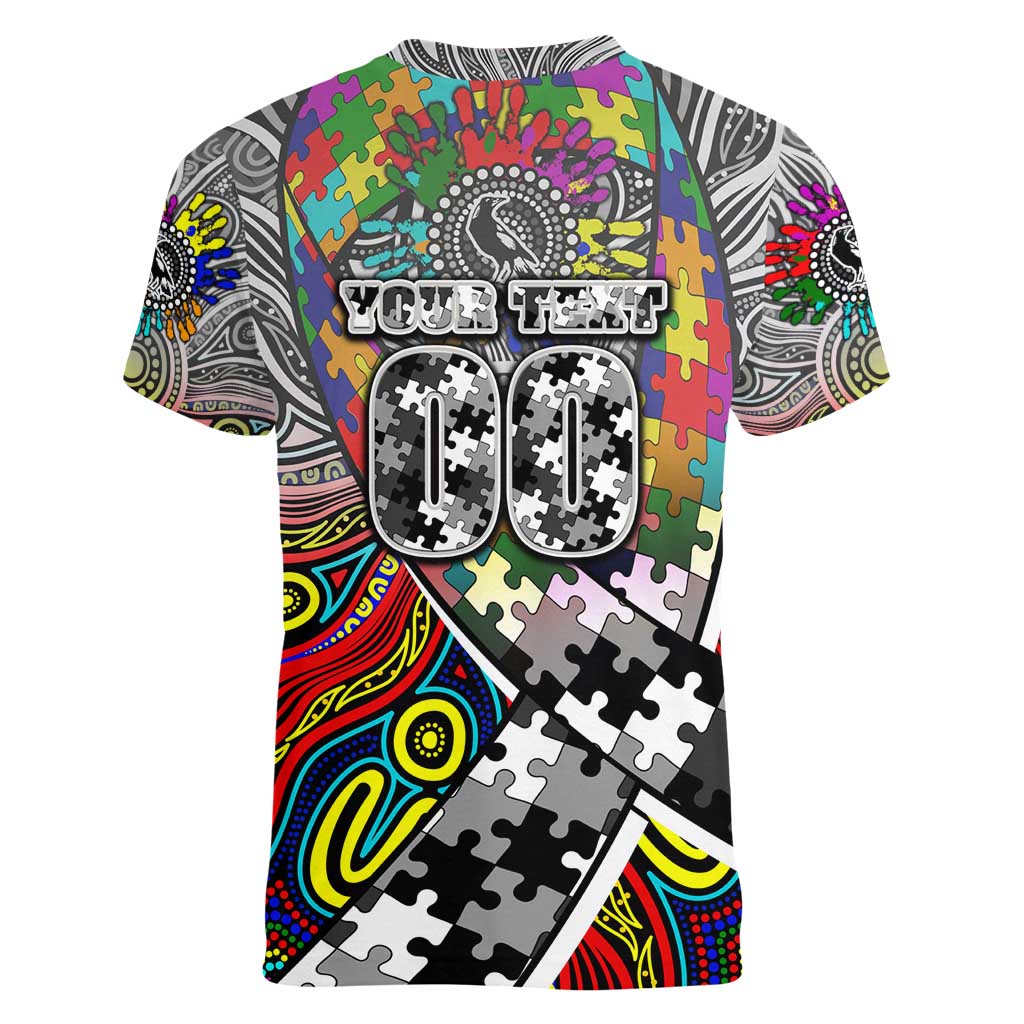 Autism Awareness Australia Collingwood Magpies Women V-Neck T-Shirt Aboriginal Indigenous Art