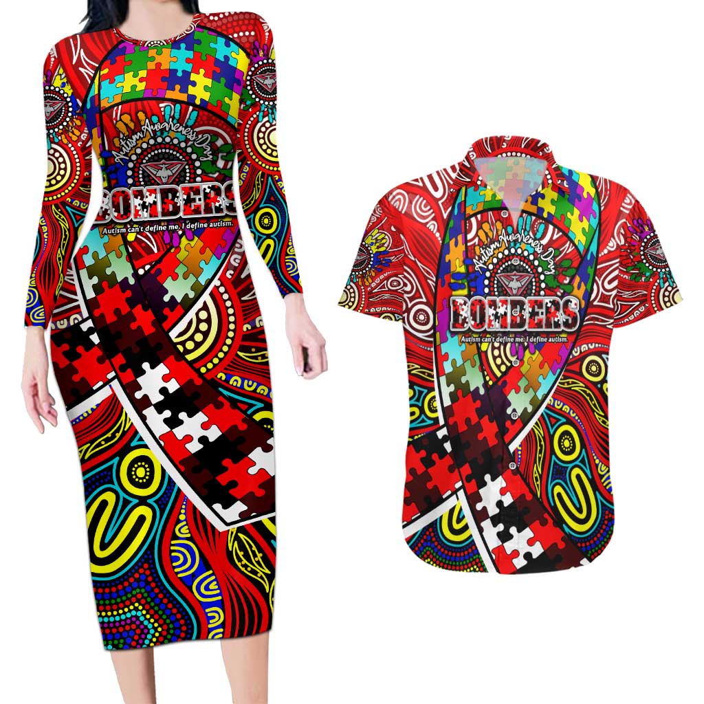 Autism Awareness Australia Essendon Bombers Couples Matching Long Sleeve Bodycon Dress and Hawaiian Shirt Aboriginal Indigenous Art