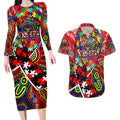 Autism Awareness Australia Essendon Bombers Couples Matching Long Sleeve Bodycon Dress and Hawaiian Shirt Aboriginal Indigenous Art