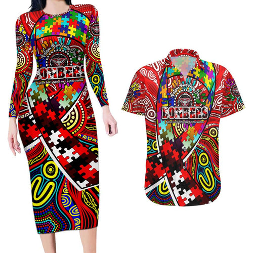 Autism Awareness Australia Essendon Bombers Couples Matching Long Sleeve Bodycon Dress and Hawaiian Shirt Aboriginal Indigenous Art
