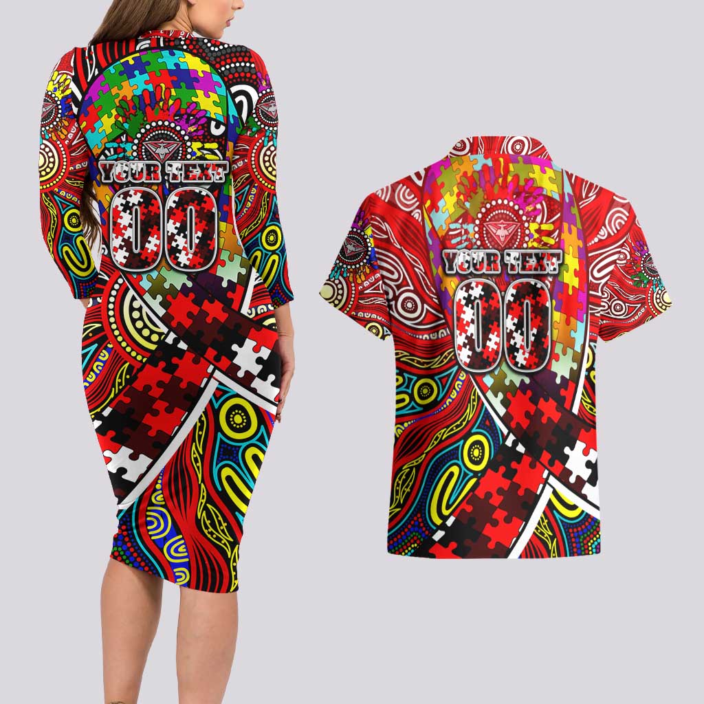 Autism Awareness Australia Essendon Bombers Couples Matching Long Sleeve Bodycon Dress and Hawaiian Shirt Aboriginal Indigenous Art