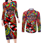 Autism Awareness Australia Essendon Bombers Couples Matching Long Sleeve Bodycon Dress and Long Sleeve Button Shirt Aboriginal Indigenous Art