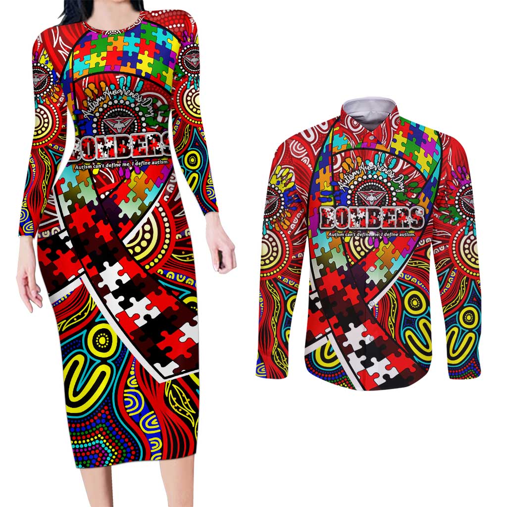 Autism Awareness Australia Essendon Bombers Couples Matching Long Sleeve Bodycon Dress and Long Sleeve Button Shirt Aboriginal Indigenous Art