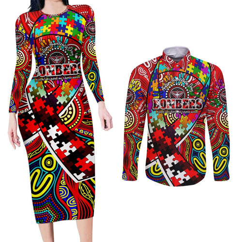 Autism Awareness Australia Essendon Bombers Couples Matching Long Sleeve Bodycon Dress and Long Sleeve Button Shirt Aboriginal Indigenous Art