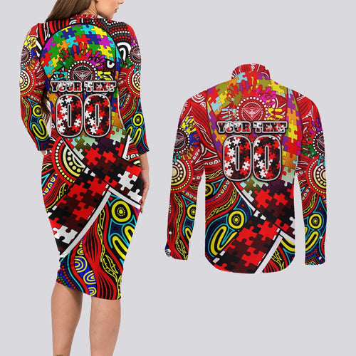 Autism Awareness Australia Essendon Bombers Couples Matching Long Sleeve Bodycon Dress and Long Sleeve Button Shirt Aboriginal Indigenous Art