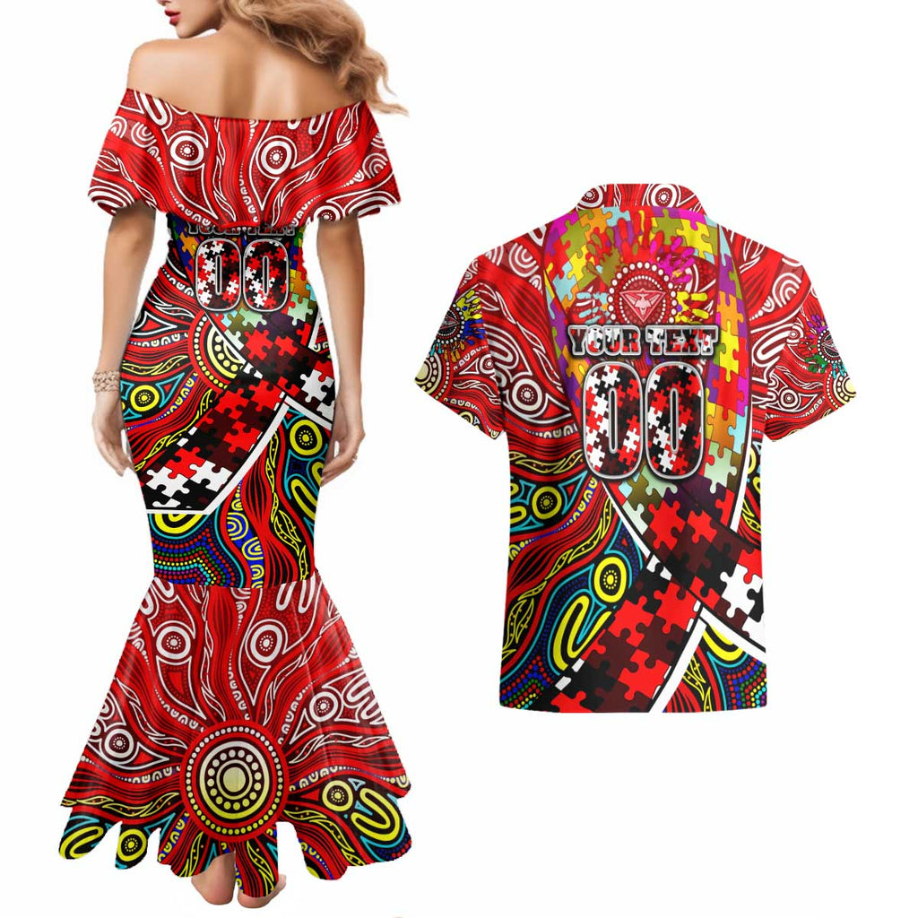 Autism Awareness Australia Essendon Bombers Couples Matching Mermaid Dress and Hawaiian Shirt Aboriginal Indigenous Art