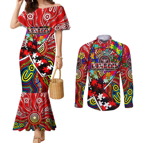 Autism Awareness Australia Essendon Bombers Couples Matching Mermaid Dress and Long Sleeve Button Shirt Aboriginal Indigenous Art