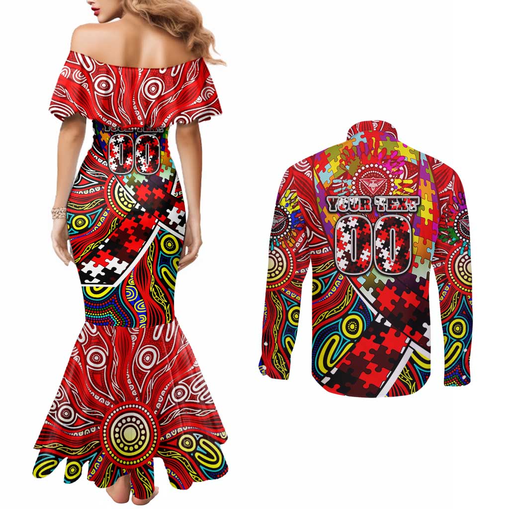 Autism Awareness Australia Essendon Bombers Couples Matching Mermaid Dress and Long Sleeve Button Shirt Aboriginal Indigenous Art