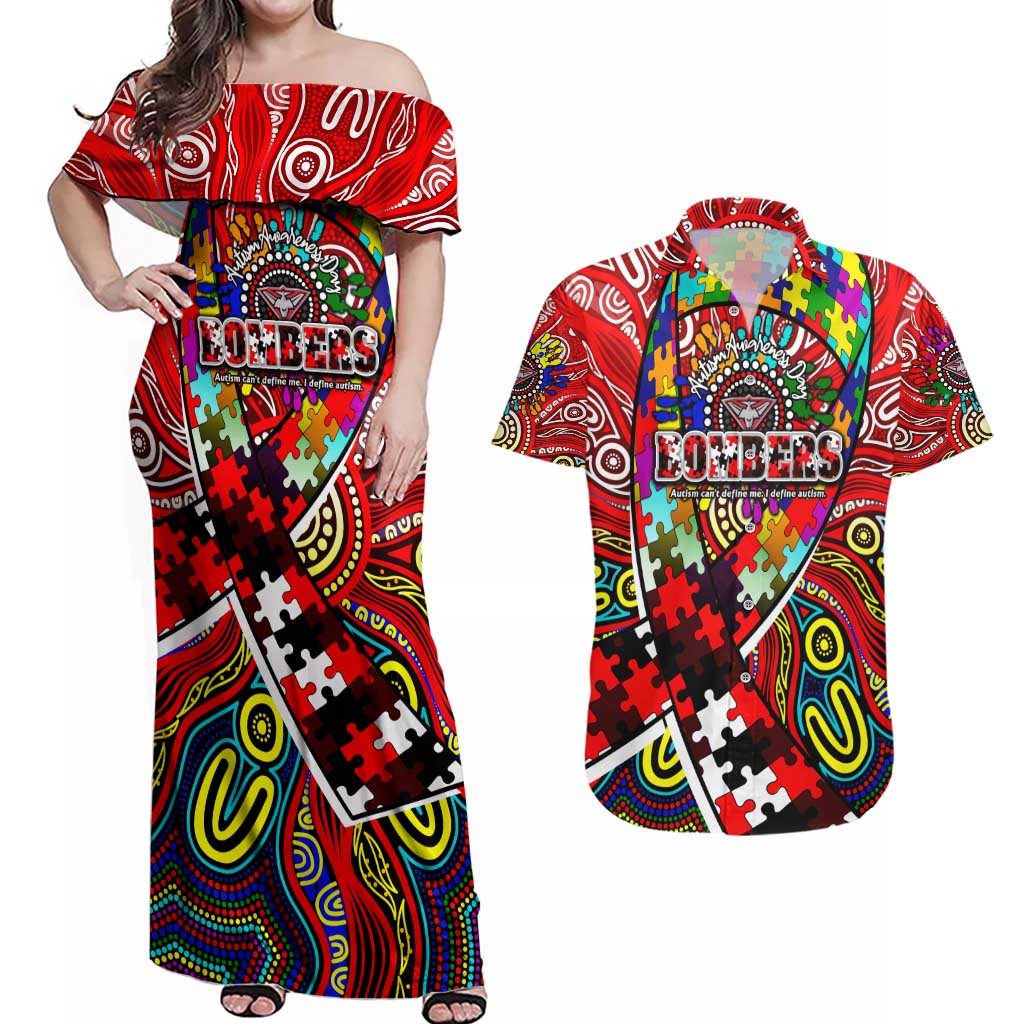 Autism Awareness Australia Essendon Bombers Couples Matching Off Shoulder Maxi Dress and Hawaiian Shirt Aboriginal Indigenous Art