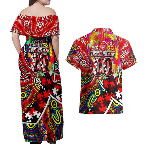 Autism Awareness Australia Essendon Bombers Couples Matching Off Shoulder Maxi Dress and Hawaiian Shirt Aboriginal Indigenous Art