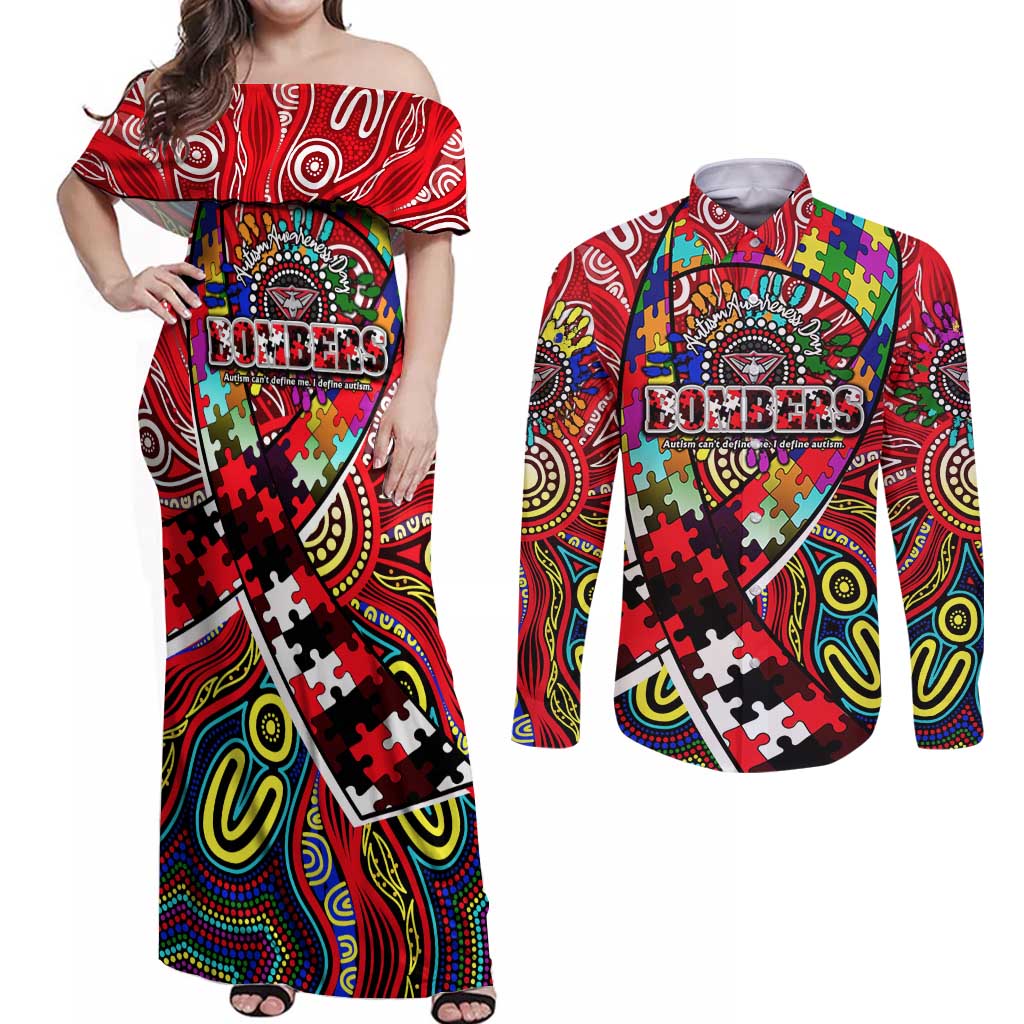 Autism Awareness Australia Essendon Bombers Couples Matching Off Shoulder Maxi Dress and Long Sleeve Button Shirt Aboriginal Indigenous Art