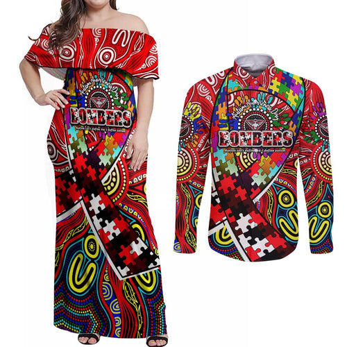Autism Awareness Australia Essendon Bombers Couples Matching Off Shoulder Maxi Dress and Long Sleeve Button Shirt Aboriginal Indigenous Art