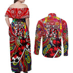 Autism Awareness Australia Essendon Bombers Couples Matching Off Shoulder Maxi Dress and Long Sleeve Button Shirt Aboriginal Indigenous Art