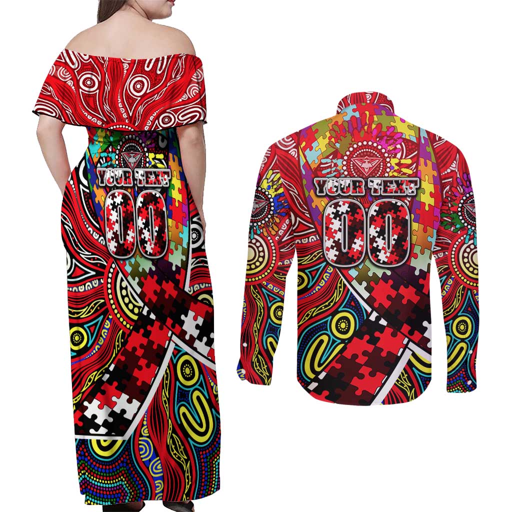 Autism Awareness Australia Essendon Bombers Couples Matching Off Shoulder Maxi Dress and Long Sleeve Button Shirt Aboriginal Indigenous Art