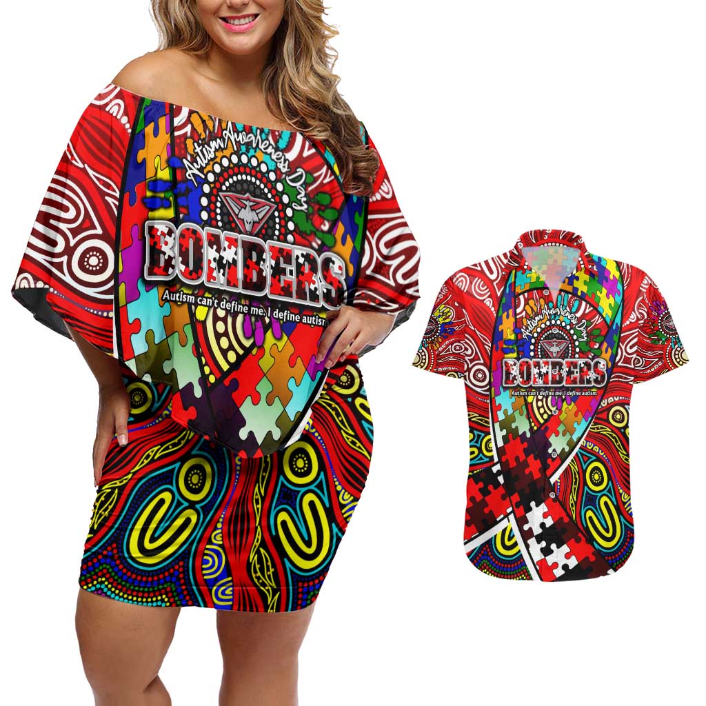 Autism Awareness Australia Essendon Bombers Couples Matching Off Shoulder Short Dress and Hawaiian Shirt Aboriginal Indigenous Art