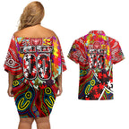Autism Awareness Australia Essendon Bombers Couples Matching Off Shoulder Short Dress and Hawaiian Shirt Aboriginal Indigenous Art