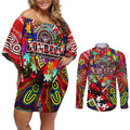 Autism Awareness Australia Essendon Bombers Couples Matching Off Shoulder Short Dress and Long Sleeve Button Shirt Aboriginal Indigenous Art