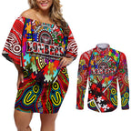 Autism Awareness Australia Essendon Bombers Couples Matching Off Shoulder Short Dress and Long Sleeve Button Shirt Aboriginal Indigenous Art