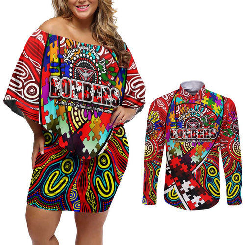 Autism Awareness Australia Essendon Bombers Couples Matching Off Shoulder Short Dress and Long Sleeve Button Shirt Aboriginal Indigenous Art