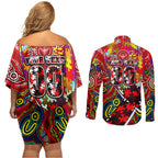 Autism Awareness Australia Essendon Bombers Couples Matching Off Shoulder Short Dress and Long Sleeve Button Shirt Aboriginal Indigenous Art