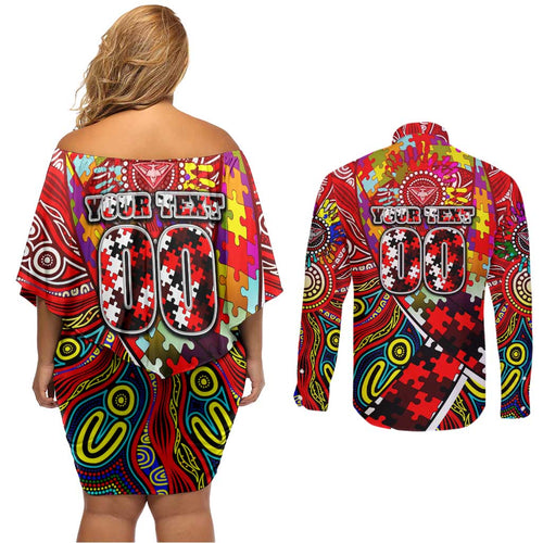 Autism Awareness Australia Essendon Bombers Couples Matching Off Shoulder Short Dress and Long Sleeve Button Shirt Aboriginal Indigenous Art
