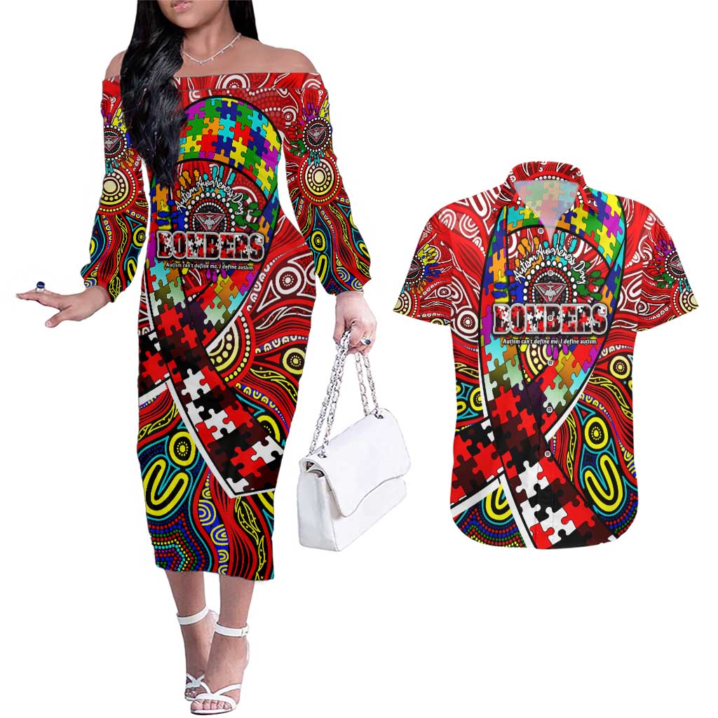 Autism Awareness Australia Essendon Bombers Couples Matching Off The Shoulder Long Sleeve Dress and Hawaiian Shirt Aboriginal Indigenous Art