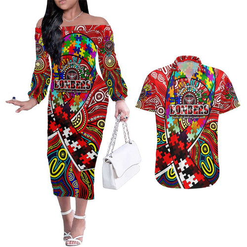 Autism Awareness Australia Essendon Bombers Couples Matching Off The Shoulder Long Sleeve Dress and Hawaiian Shirt Aboriginal Indigenous Art