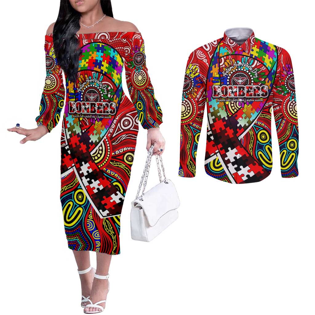Autism Awareness Australia Essendon Bombers Couples Matching Off The Shoulder Long Sleeve Dress and Long Sleeve Button Shirt Aboriginal Indigenous Art