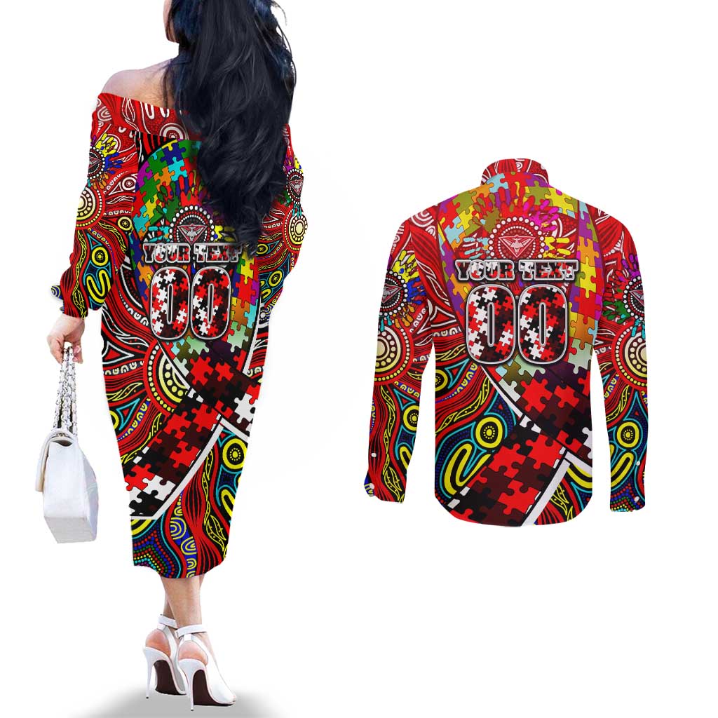 Autism Awareness Australia Essendon Bombers Couples Matching Off The Shoulder Long Sleeve Dress and Long Sleeve Button Shirt Aboriginal Indigenous Art