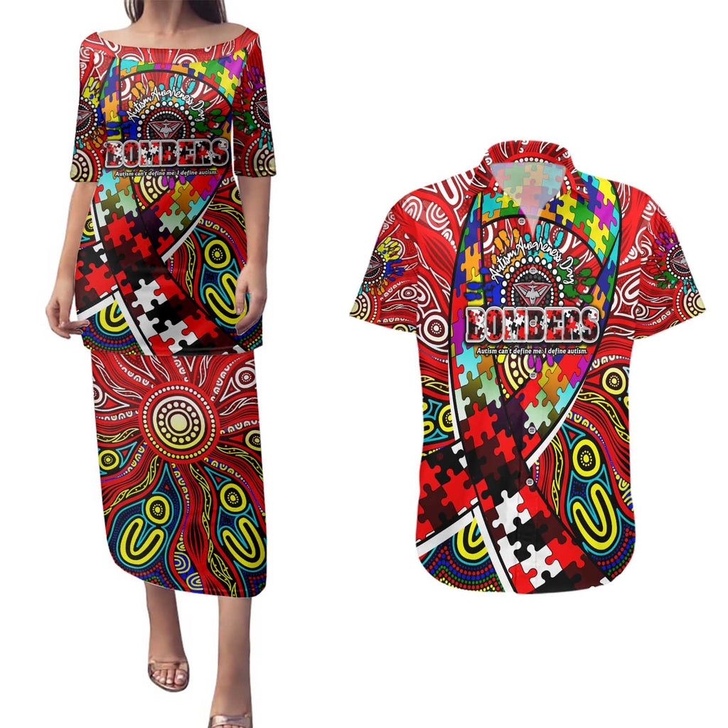 Autism Awareness Australia Essendon Bombers Couples Matching Puletasi and Hawaiian Shirt Aboriginal Indigenous Art