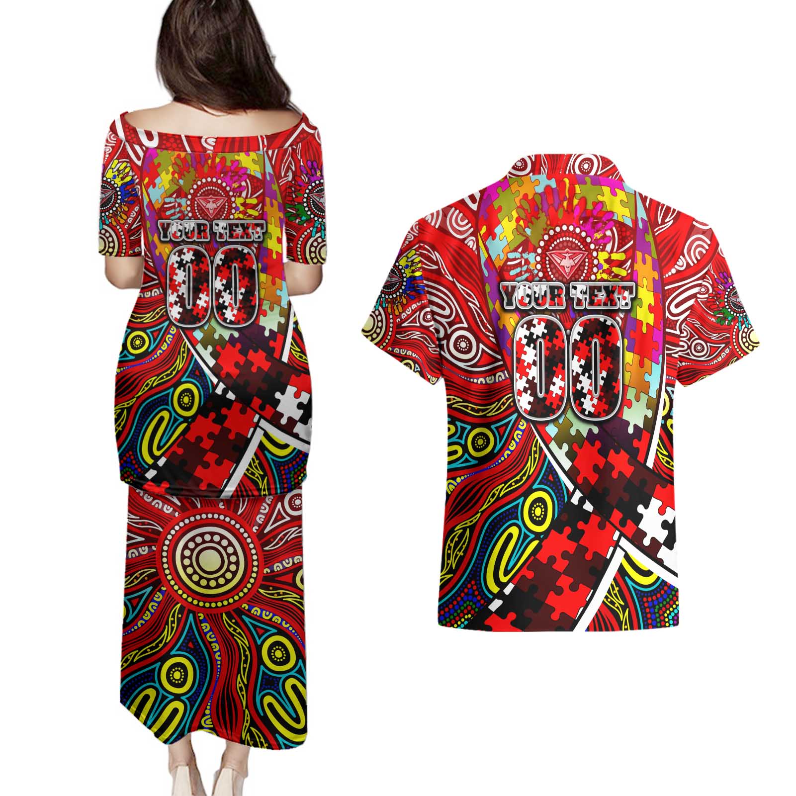 Autism Awareness Australia Essendon Bombers Couples Matching Puletasi and Hawaiian Shirt Aboriginal Indigenous Art