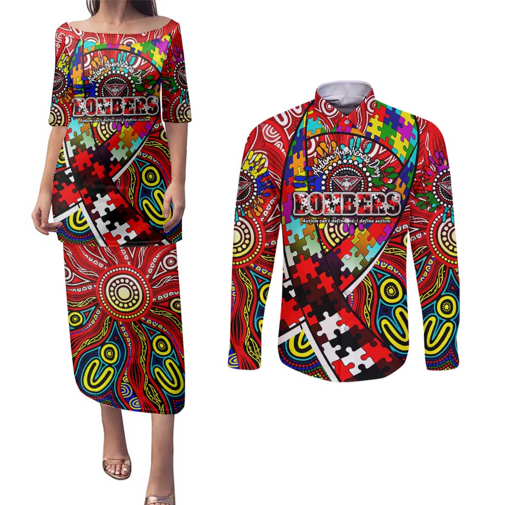 Autism Awareness Australia Essendon Bombers Couples Matching Puletasi and Long Sleeve Button Shirt Aboriginal Indigenous Art