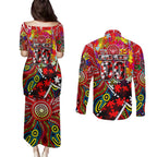 Autism Awareness Australia Essendon Bombers Couples Matching Puletasi and Long Sleeve Button Shirt Aboriginal Indigenous Art