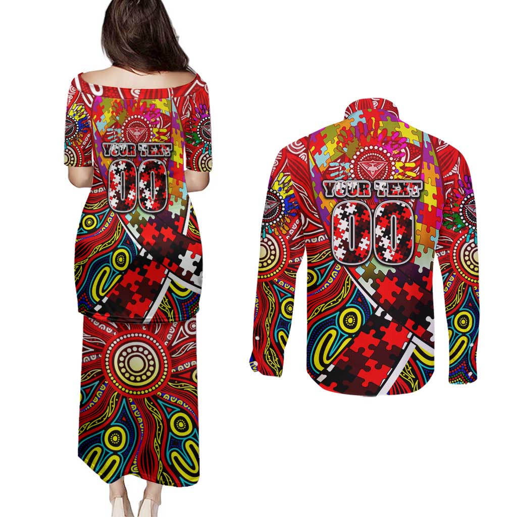 Autism Awareness Australia Essendon Bombers Couples Matching Puletasi and Long Sleeve Button Shirt Aboriginal Indigenous Art