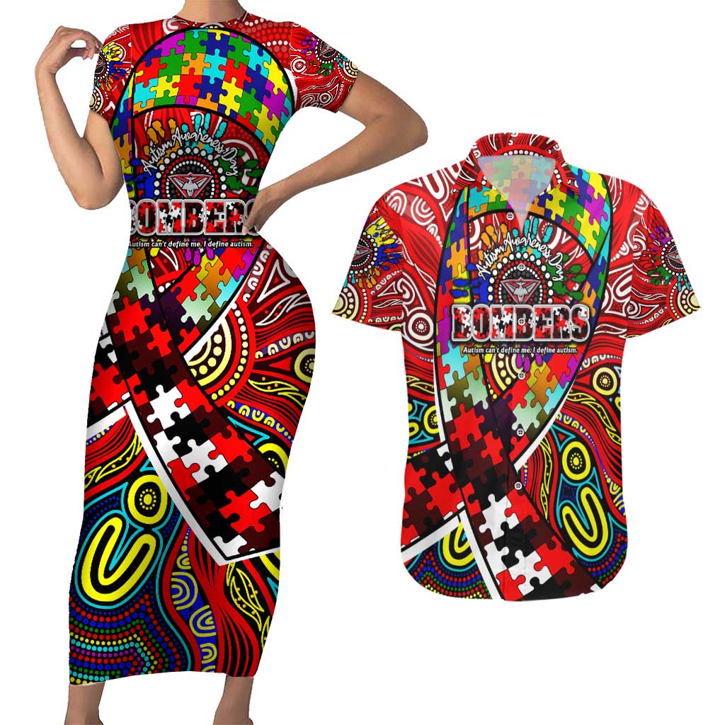 Autism Awareness Australia Essendon Bombers Couples Matching Short Sleeve Bodycon Dress and Hawaiian Shirt Aboriginal Indigenous Art