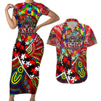 Autism Awareness Australia Essendon Bombers Couples Matching Short Sleeve Bodycon Dress and Hawaiian Shirt Aboriginal Indigenous Art