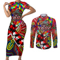 Autism Awareness Australia Essendon Bombers Couples Matching Short Sleeve Bodycon Dress and Long Sleeve Button Shirt Aboriginal Indigenous Art