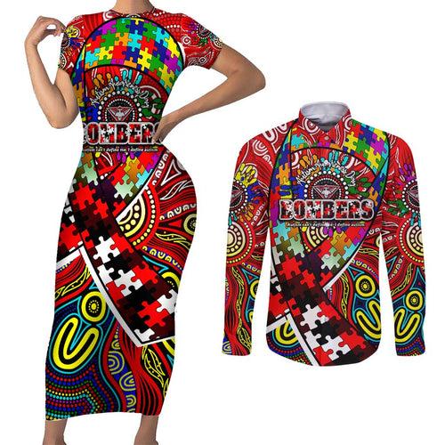 Autism Awareness Australia Essendon Bombers Couples Matching Short Sleeve Bodycon Dress and Long Sleeve Button Shirt Aboriginal Indigenous Art