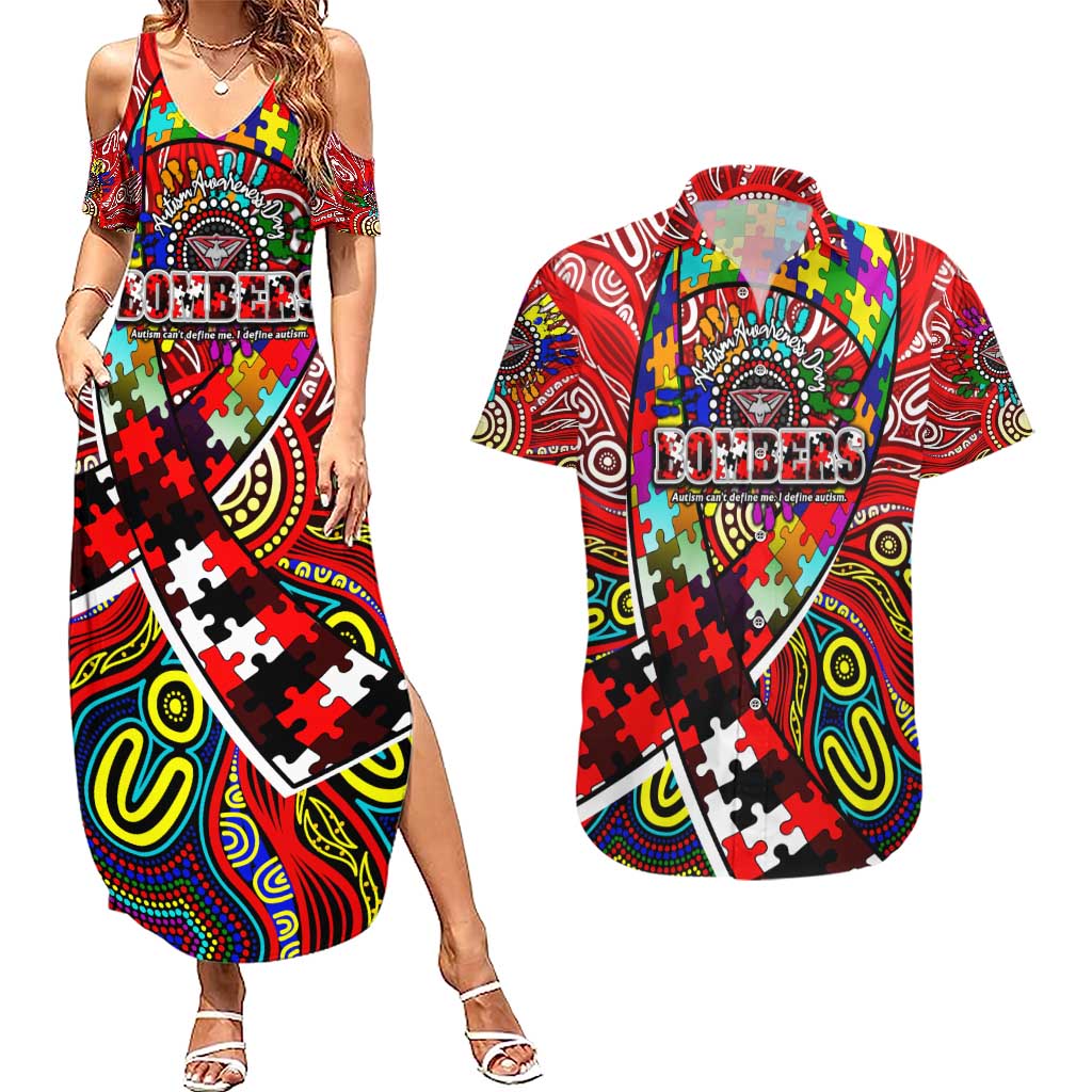 Autism Awareness Australia Essendon Bombers Couples Matching Summer Maxi Dress and Hawaiian Shirt Aboriginal Indigenous Art