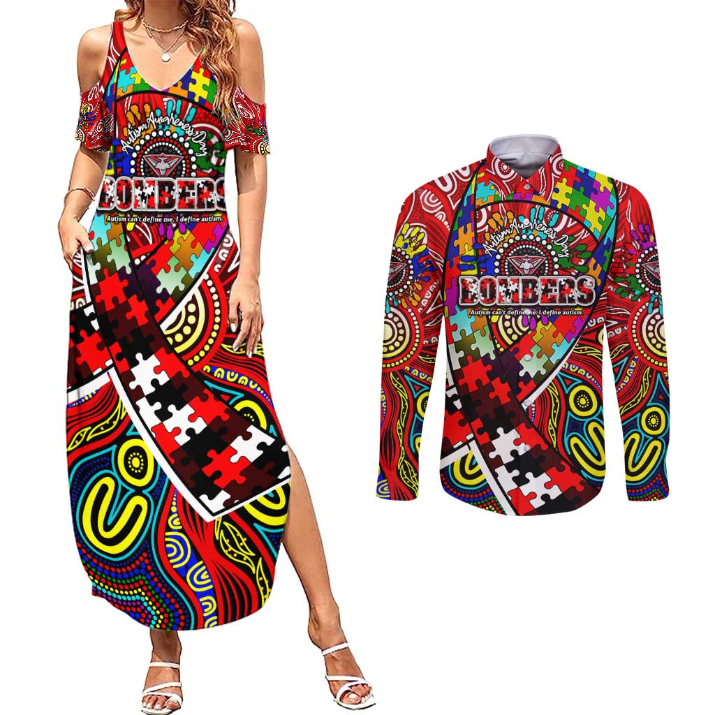 Autism Awareness Australia Essendon Bombers Couples Matching Summer Maxi Dress and Long Sleeve Button Shirt Aboriginal Indigenous Art
