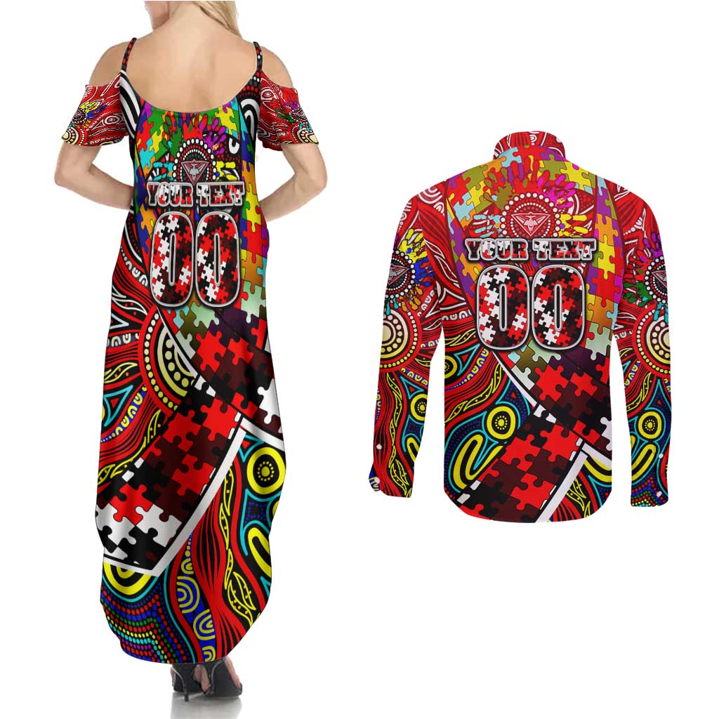 Autism Awareness Australia Essendon Bombers Couples Matching Summer Maxi Dress and Long Sleeve Button Shirt Aboriginal Indigenous Art