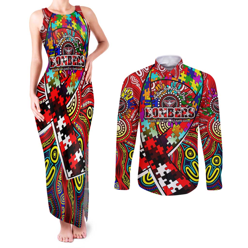 Autism Awareness Australia Essendon Bombers Couples Matching Tank Maxi Dress and Long Sleeve Button Shirt Aboriginal Indigenous Art