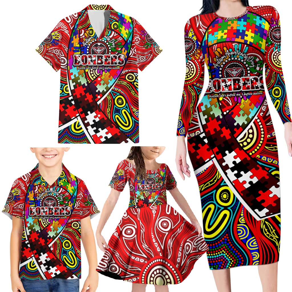 Autism Awareness Australia Essendon Bombers Family Matching Long Sleeve Bodycon Dress and Hawaiian Shirt Aboriginal Indigenous Art
