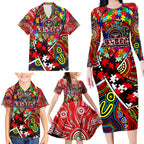 Autism Awareness Australia Essendon Bombers Family Matching Long Sleeve Bodycon Dress and Hawaiian Shirt Aboriginal Indigenous Art