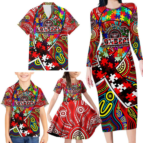 Autism Awareness Australia Essendon Bombers Family Matching Long Sleeve Bodycon Dress and Hawaiian Shirt Aboriginal Indigenous Art