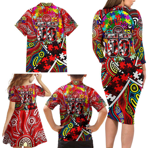 Autism Awareness Australia Essendon Bombers Family Matching Long Sleeve Bodycon Dress and Hawaiian Shirt Aboriginal Indigenous Art