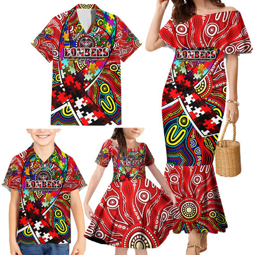 Autism Awareness Australia Essendon Bombers Family Matching Mermaid Dress and Hawaiian Shirt Aboriginal Indigenous Art